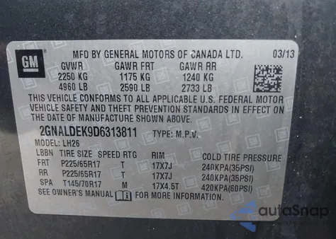 2013 Chevrolet Equinox 1Lt из США, поврежденный, VIN 2GNALDEK9D6313811